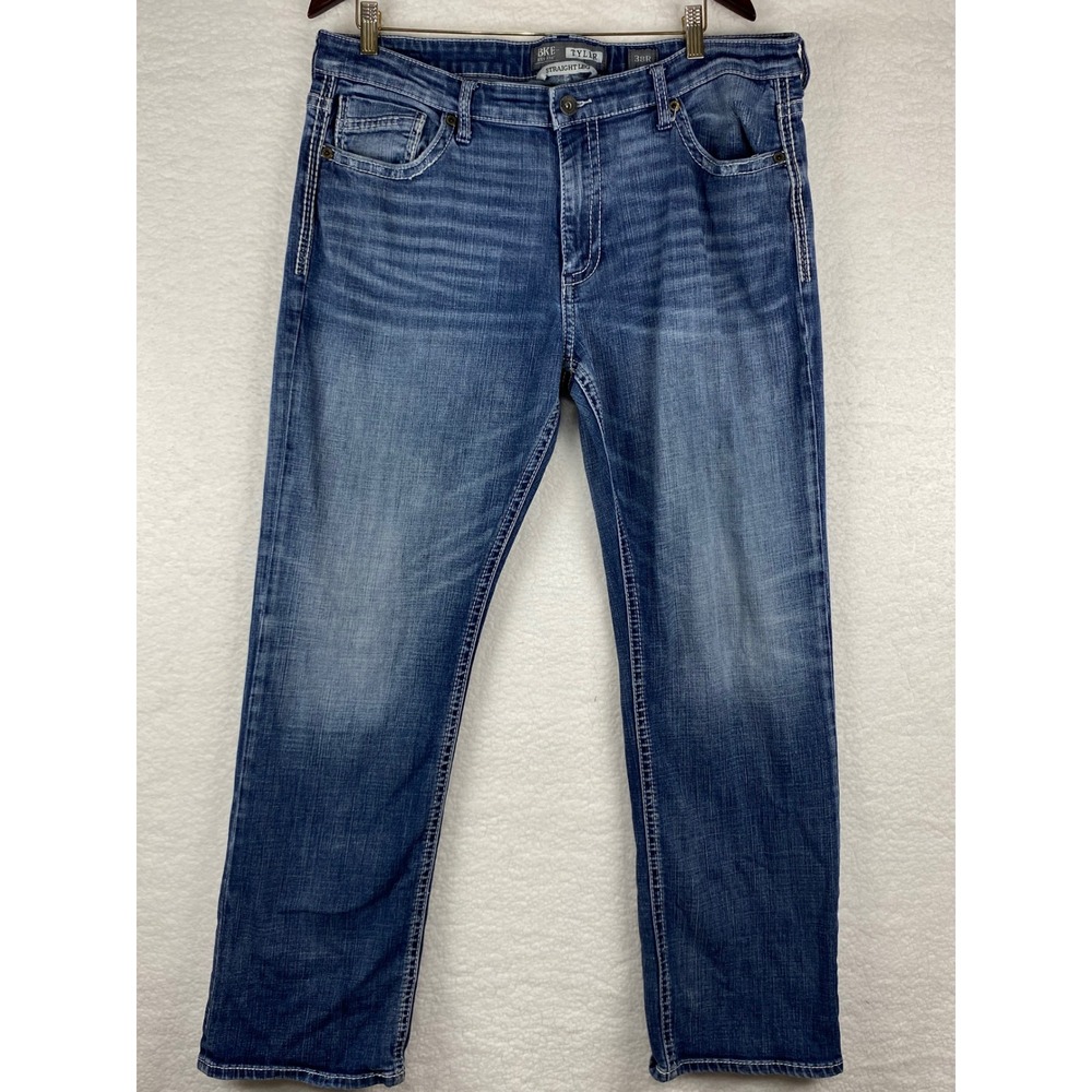 BKE Tyler Straight Leg Jeans Mens 38R Blue Medium Wash Heavy‎ Stitch Denim